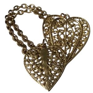 Double Heart Brooch Gold Tone Chain Filigree Blazers Lapel Costume Jewelry Vtg